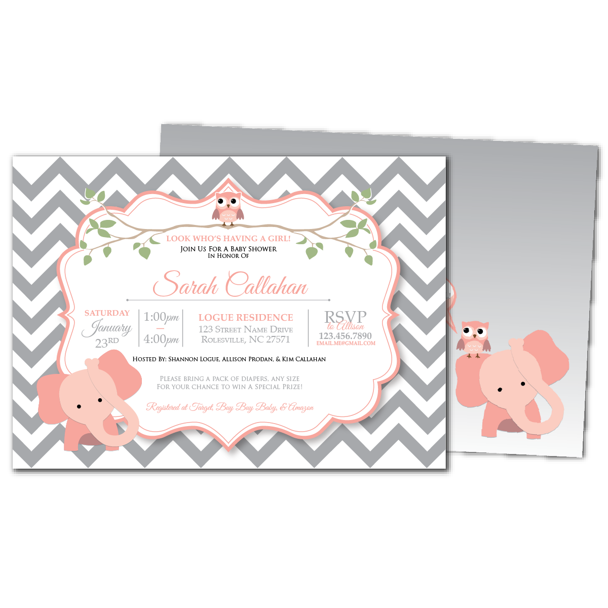 Chevron Elephant (Pink) Baby Shower Invitations