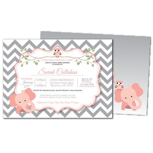 Chevron Elephant (Pink) Baby Shower Invitations