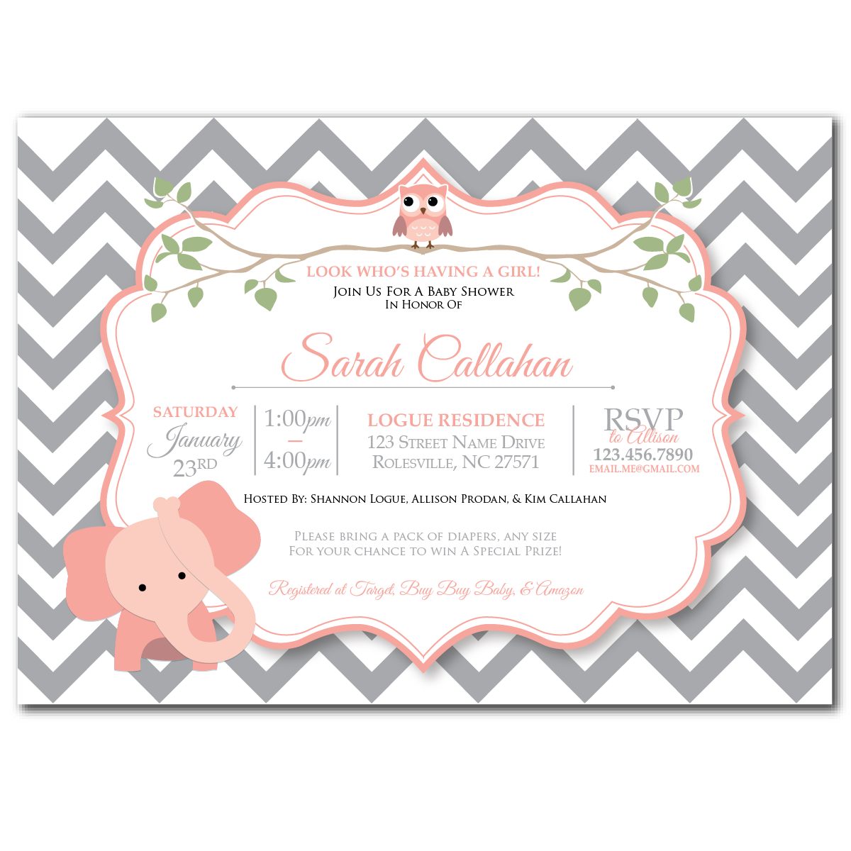 Chevron Elephant (Pink) Baby Shower Invitations