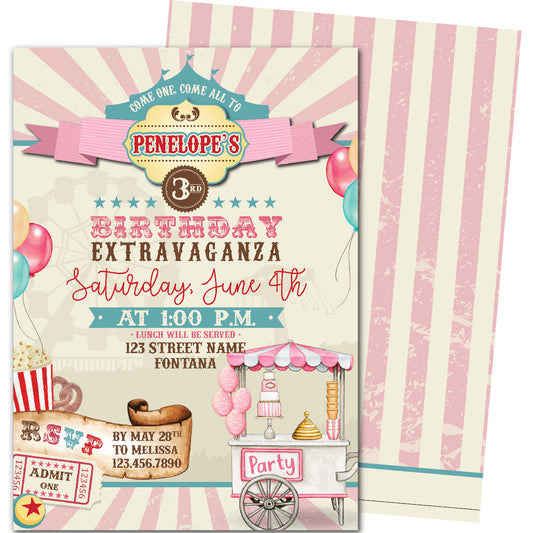 Cotton Candy Carnival Birthday Invitations