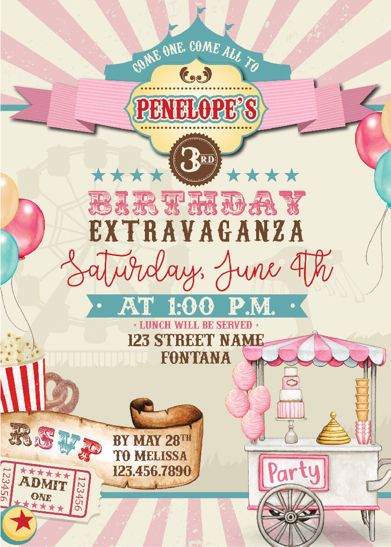 Cotton Candy Carnival Birthday Invitations