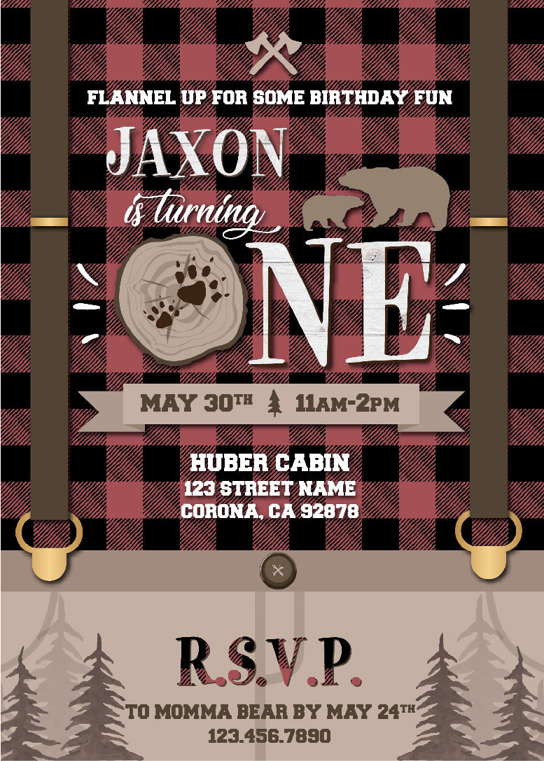 Flannel Suspenders Birthday Invitations