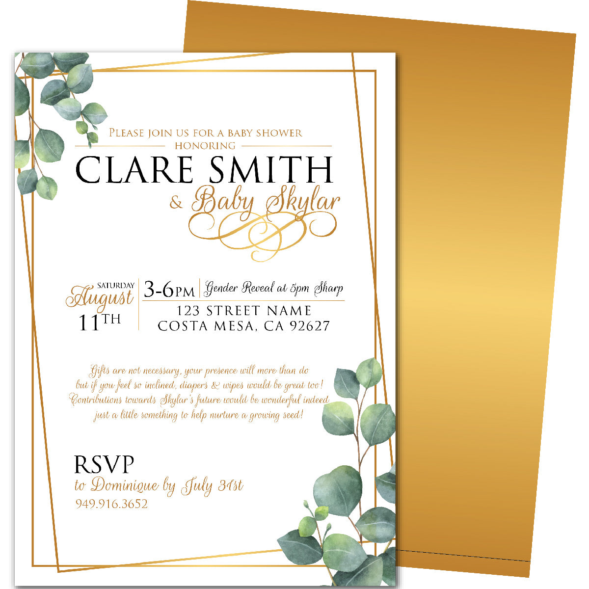 Golden Eucalyptus Baby Shower Invitation