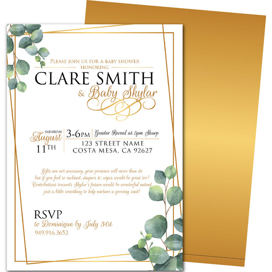 Golden Eucalyptus Baby Shower Invitation