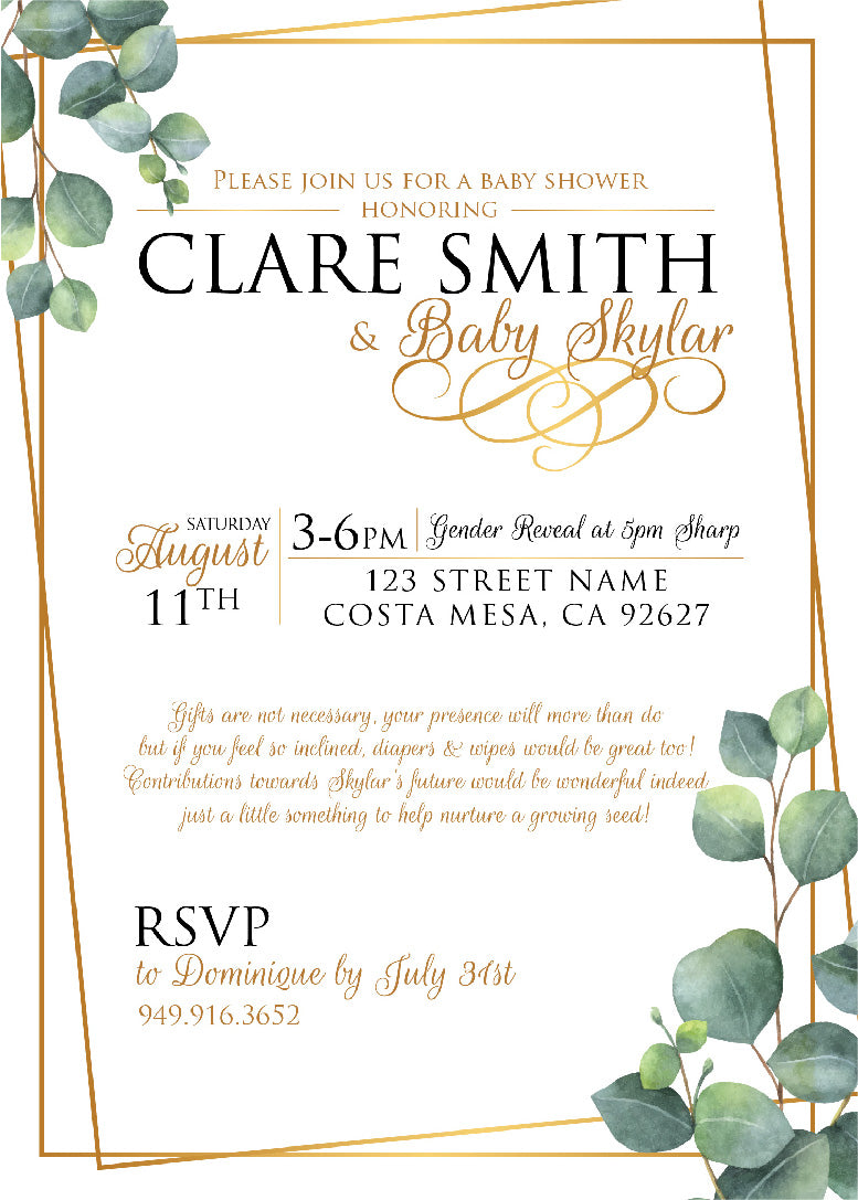 Golden Eucalyptus Baby Shower Invitation