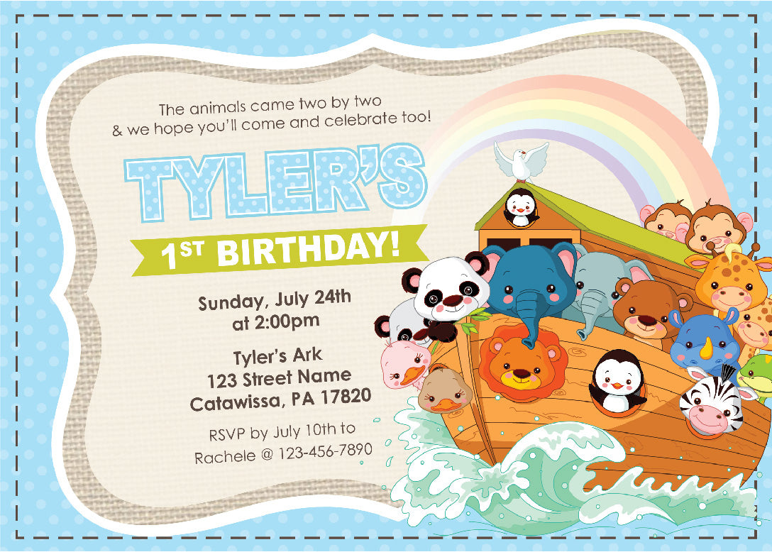 Noahs Ark (Blue) Birthday Invitations