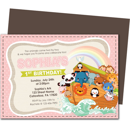 Noahs Ark (Pink) Birthday Invitations
