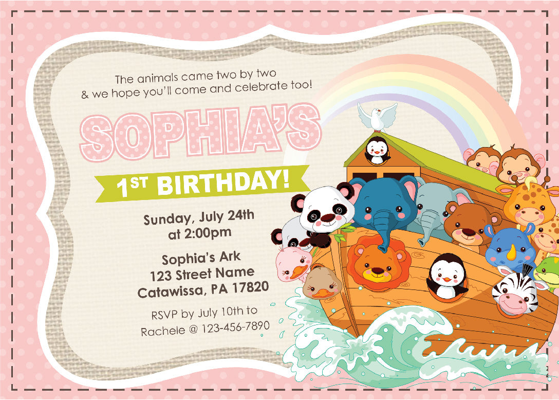 Noahs Ark (Pink) Birthday Invitations