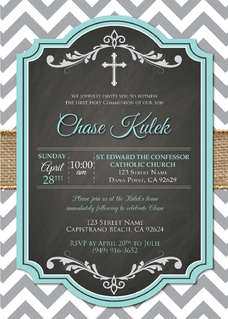 Chevron Chalkboard Holy First Communion Invitations